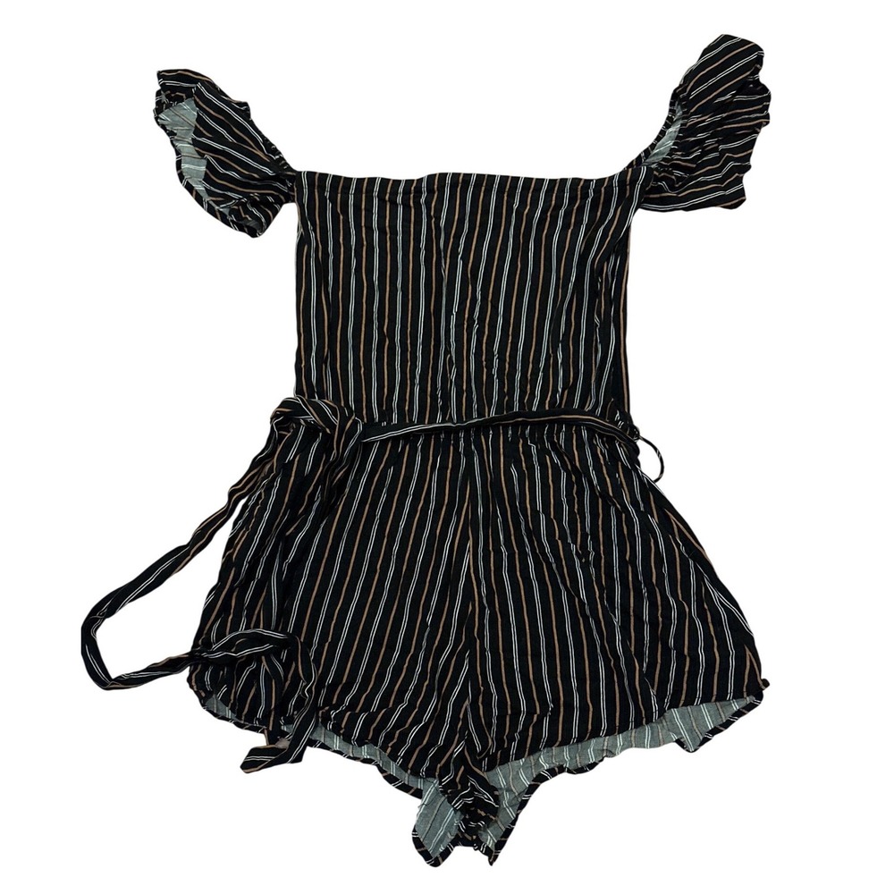 Dress Forum Women Black Striped Romper Off Shoulder Tie Waist Shorts, Size S